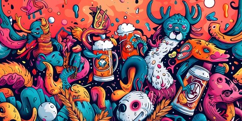 Fototapeta premium A vibrant, densely packed collage of cartoonish characters and objects in various colors, resembling graffiti art. The image is lively and chaotic, with a playful and energetic vibe.