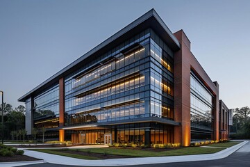 Obraz premium Dusk Exterior of Generic Business Park Building with High Bay Units, Metal Cladding, and Glazing