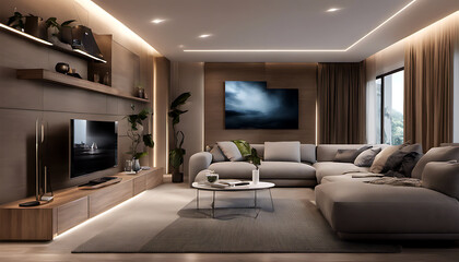 Nice Interior design, Modern and comfortable living room. Warm lighting that creates a cozy atmosphere