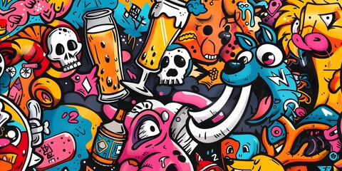 A vibrant, densely packed collage of cartoonish characters and objects in various colors, resembling graffiti art. The image is lively and chaotic, with a playful and energetic vibe.