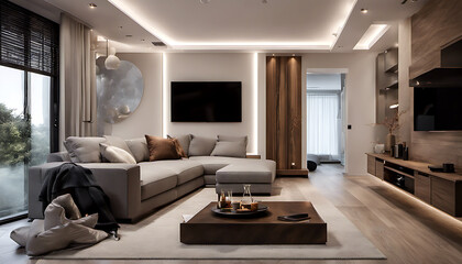 Nice Interior design, Modern and comfortable living room. Warm lighting that creates a cozy atmosphere