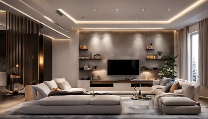 Fototapeta premium Nice Interior design, Modern and comfortable living room. Warm lighting that creates a cozy atmosphere