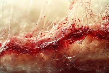 A close-up of red liquid splashing and flowing. AI.