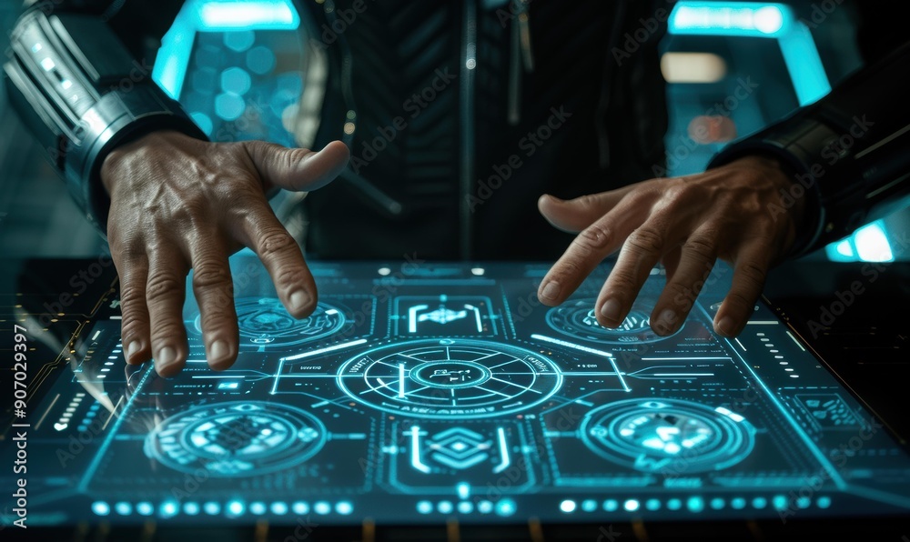 Poster Hands interacting with a futuristic interface. AI.