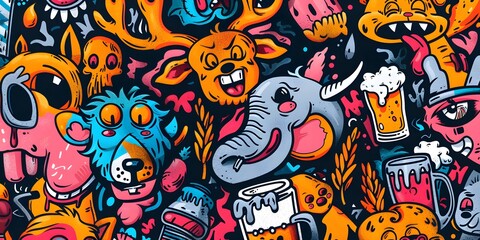 A vibrant, densely packed collage of cartoonish characters and objects in various colors, resembling graffiti art. The image is lively and chaotic, with a playful and energetic vibe.