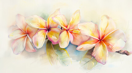 Fototapeta premium Watercolor plumeria using lifting, soft and light pastels creating delicate highlights, light background