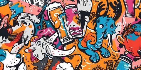 Obraz premium A vibrant, densely packed collage of cartoonish characters and objects in various colors, resembling graffiti art. The image is lively and chaotic, with a playful and energetic vibe.