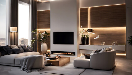Nice Interior design, Modern and comfortable living room. Warm lighting that creates a cozy atmosphere