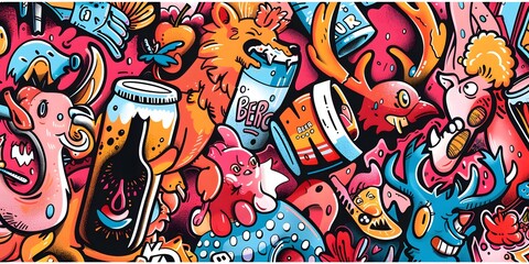 A vibrant, densely packed collage of cartoonish characters and objects in various colors, resembling graffiti art. The image is lively and chaotic, with a playful and energetic vibe.