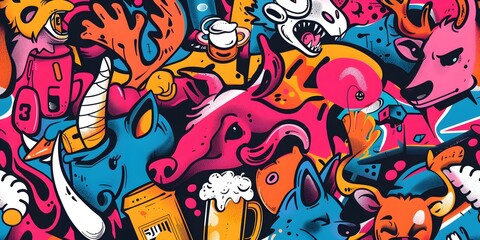 Fototapeta premium A vibrant, densely packed collage of cartoonish characters and objects in various colors, resembling graffiti art. The image is lively and chaotic, with a playful and energetic vibe.