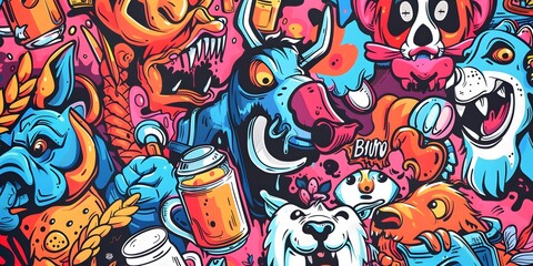 Fototapeta premium A vibrant, densely packed collage of cartoonish characters and objects in various colors, resembling graffiti art. The image is lively and chaotic, with a playful and energetic vibe.