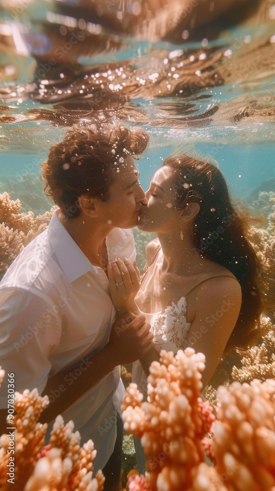 Poster A couple kissing underwater in a coral reef. AI.