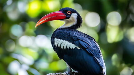 Obraz premium red billed hornbill, also known as the white crested toucan or black-shouldered cancil bird is perched on an isolated background