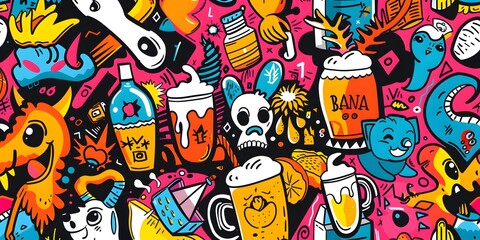 Obraz premium A vibrant, densely packed collage of cartoonish characters and objects in various colors, resembling graffiti art. The image is lively and chaotic, with a playful and energetic vibe.
