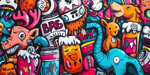 Obraz premium A vibrant, densely packed collage of cartoonish characters and objects in various colors, resembling graffiti art. The image is lively and chaotic, with a playful and energetic vibe.