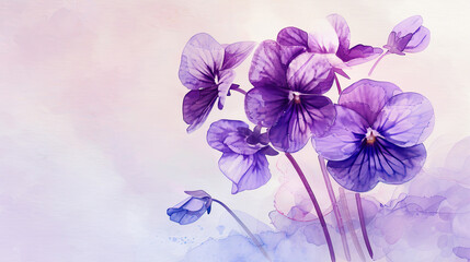Watercolor Purple violets with gradients and fading, smooth transitions and delicate colors, light background