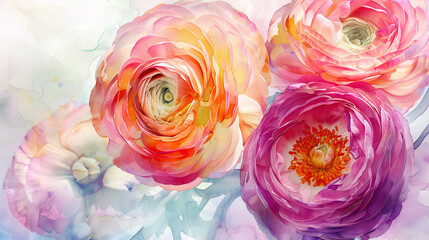 Watercolor ranunculus detailing with fine brushes, intricate patterns and vibrant hues, light background
