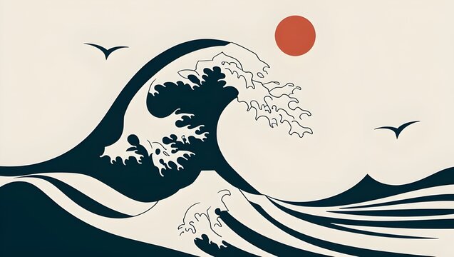 Japanese style ocean wave illustration, vintage ukiyo-e sea landscape with red sun, minimalist nautical wall art with crashing waves and birds
