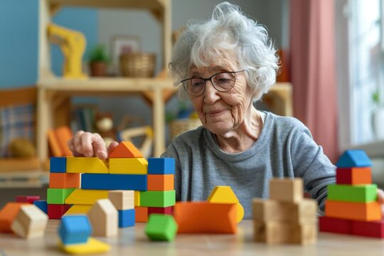 Close-up of elderly woman with dementia playing with wooden blocks in geriatric clinic or nursing home