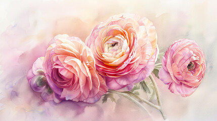 Obraz premium Watercolor ranunculus using lifting, soft and light pastels creating delicate highlights, light background