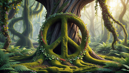 A large, peaceful tree with a green peace sign carved in its trunk. Concept of international peace day in September