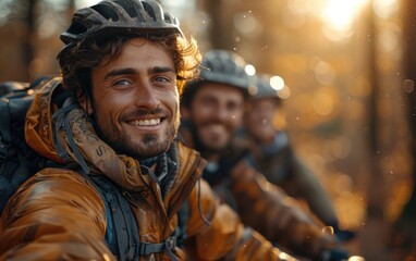 Obraz premium An adult Hispanic person smiles while exploring bike trails with friends during a beautiful autumn day in the forest