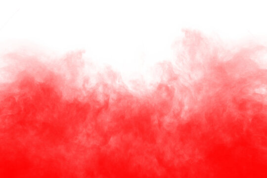 Abstract red smoke isolated on transparent white background. Red color fog clouds rising up. Colorful smoke texture. Steam, vapor, gas, fog special effect. Texture overlays. Graphic design elements