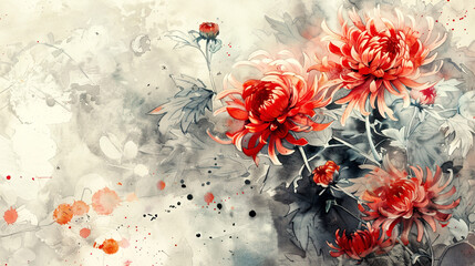 Watercolor Red chrysanthemums with blotting, soft and airy, delicate and gentle, light gray background