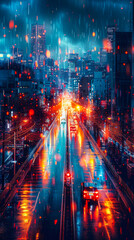 Naklejka premium Futuristic Metropolis Night Scene with Neon Lights and Rainfall in a Smart City Concept Reflecting Technology and Innovation