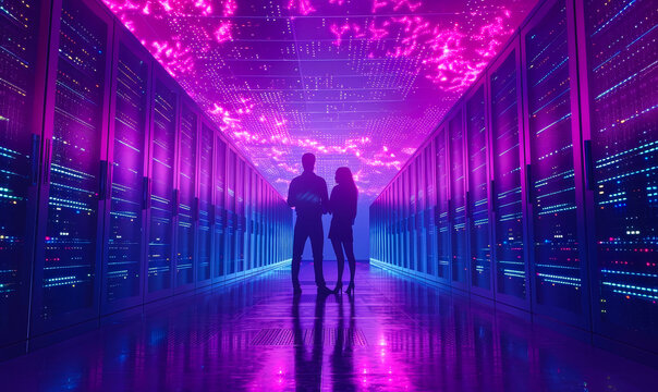 IT Specialist Discussing Work with Server Technician in Neon-Lit Data Center with Cloud Visualization at Night - Collaboration in Technology and Cloud Computing