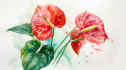 Watercolor tropical anthurium in loose and freeform style, vibrant reds and greens, white background