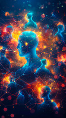 Interconnected Human Silhouettes in Digital Network Overlay with Vibrant Colors at Night Symbolizing Technological Connectivity and Harmony