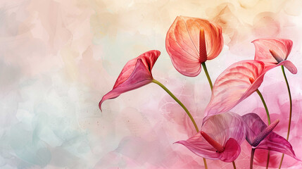 Obraz premium Watercolor tropical anthurium with gradient washes, seamless transitions, soft background