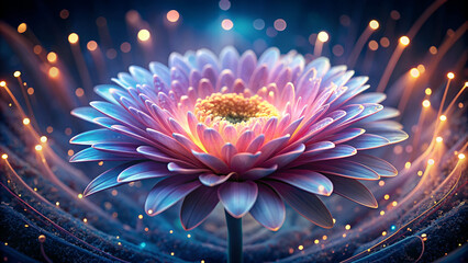 Ethereal flower with a glowing heart, surrounded by shimmering particles in a dark, mystical space.