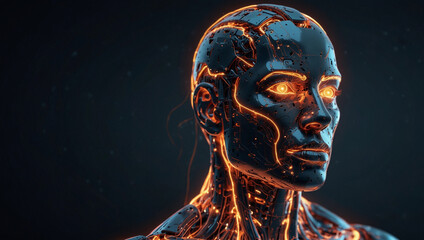 Futuristic cyborg android robot human appearance metallic body glowing network data, AI brain