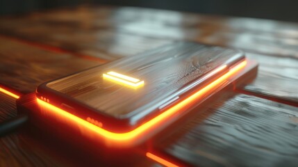 Phone Charging on a Wooden Surface with Neon Lights