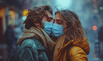 Fototapeta premium A couple of lovers wearing protective face masks share a kiss in the city as a measure against COVID-19.