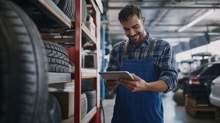 car mechanic man in his thirties wearing blue overalls using a digital tablet