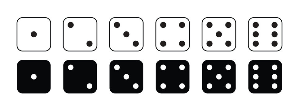 Game dice Icon with side of cube from one to six number. Set of black icon sided for gamble. Dot on cube of casino