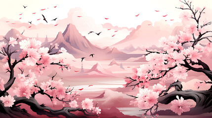 Pink mountain with cherry tree 