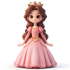 Cute little princess on a white background. 3D rendering of the princess. 3d princess in a pink fluffy dress with dark long hair. Children's magical elements