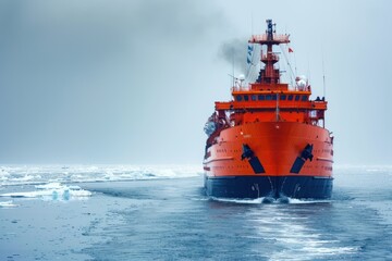 huge icebreaker ship moves along sea surface with screech