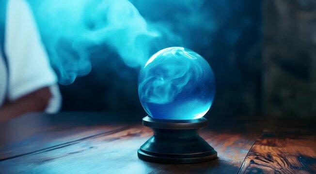 Mystical blue crystal ball with swirling smoke on a wooden table in a dark, blurred background