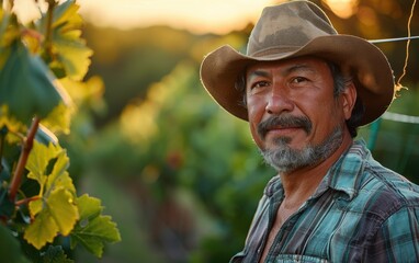 Obraz premium An adult Hispanic individual works thoughtfully among the grapevines, enjoying the warm glow of sunset over the vineyard landscape