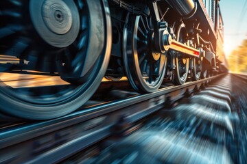 Fototapeta premium Industrial rail train wheels closeup motion technology perspective conceptual background