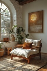 interior design, cozy space by the window with a soft armchair, a painting on the wall and a green plant in a pot