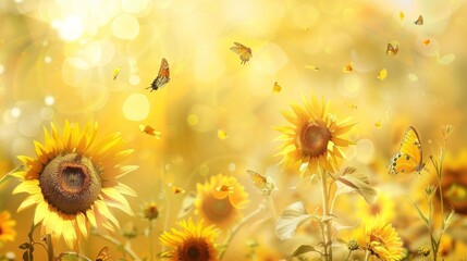 Fototapeta premium Sunflowers and Butterflies in a Field of Golden Light