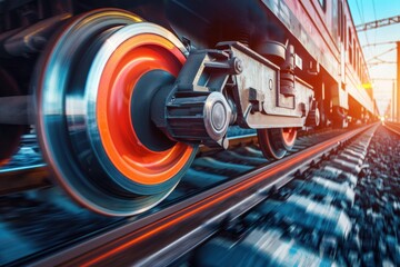 Fototapeta premium Industrial rail train wheels closeup motion technology perspective conceptual background