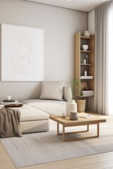 interior design of a living room in a minimalist Scandinavian style with a small sofa in light colors
