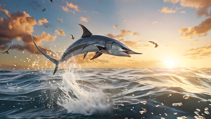 Obraz premium A majestic swordfish with a grayish-brown back, white belly, and distinctive sword-like bill, breaching the ocean's surface with a splash, set against a warm sunset sky with soft clouds. 